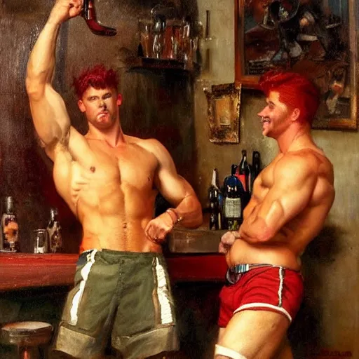 Prompt: attractive muscular male with red hair and attractive muscular male with black hair. pants and shorts, drinking their hearts out, having fun, in a pub. highly detailed and very defined painting by gaston bussiere, j. c. leyendecker, craig mullins 8 k