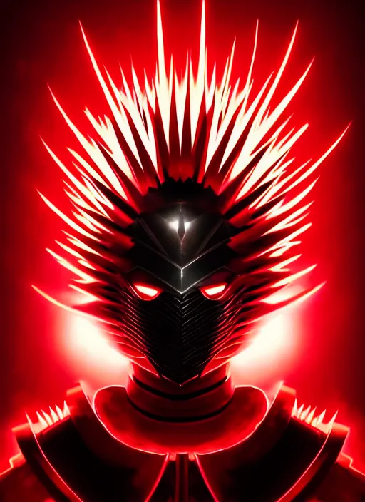 Image similar to a striking cinematic full body manga portrait of a long black haired masked male teenager wearing imposing red jagged spiked plate armour and glowing with raging powerful red energy by hirohiko araki and beeple, fine details, digital art, character concept art, volumetric lighting, cinematic light, photorealistic