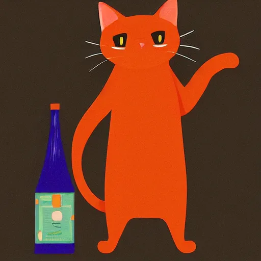 Image similar to a cat standing next to a bottle of medicine. orange cat. animal. digital art. artstation. illustration.