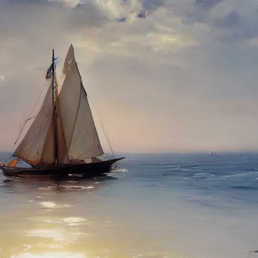Prompt: oil painting of boat with sail, art by anders zorn, wonderful masterpiece by greg rutkowski, beautiful cinematic light, american romanticism by greg manchess, creation by tyler edlin