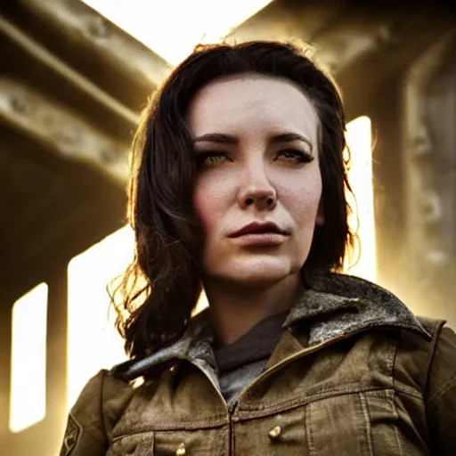 Image similar to fallout 5, charismatic beautiful rugged brunette female protagonist, portrait, outdoors in front of the entrance of vault 1 5 6, atmospheric lighting, painted, intricate, volumetric lighting, beautiful, daytime, sunny weather, slight overcast, sharp focus, deep colours, ultra detailed, by leesha hannigan, ross tran, thierry doizon, kai carpenter, ignacio fernandez rios