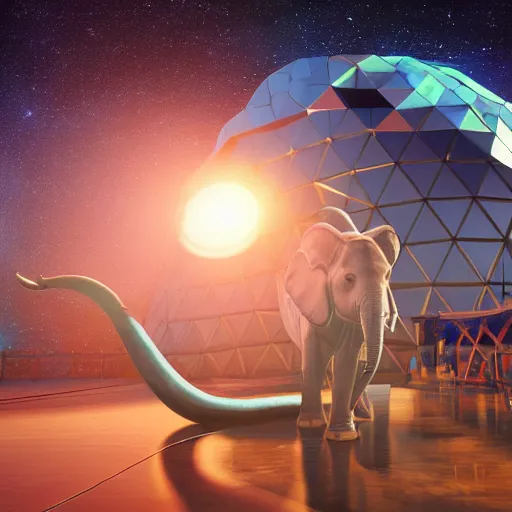 Image similar to a hyperrealistic 3D octane render of an elephant wearing virtual reality goggles playing a synthesizer inside of a geodesic dome planetarium with planets and galaxies, trending on artstation, 8k, 4K, dramatic lighting, glowing, volumetric lighting, ray tracing, unreal engine