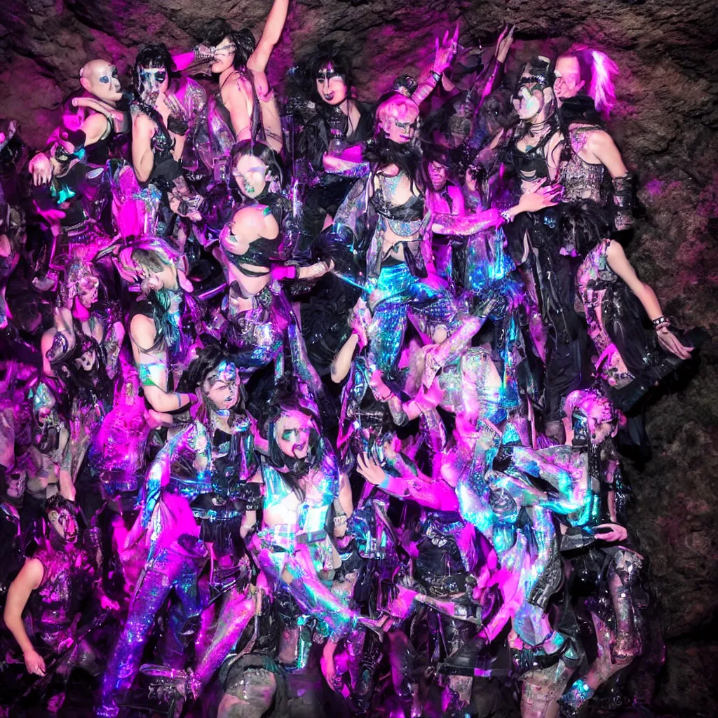 Image similar to goth disco in a cave with holographic knives!!! with pink lasers and blue crystals, brutal weapons!!! swords!!! goth people dancing, dark evil ritual, 8 k photograph