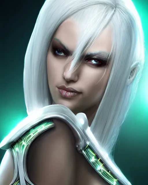 Prompt: perfect white haired attractive egyptian goddess, warframe armor, beautiful, symmetric, dreamy, half asian, pretty face, green eyes, charlize theron, detailed, scifi platform, laboratory, experiment, 4 k, ultra realistic, epic lighting, android body, illuminated, cinematic, masterpiece, art by akihito tsukushi, voidstar
