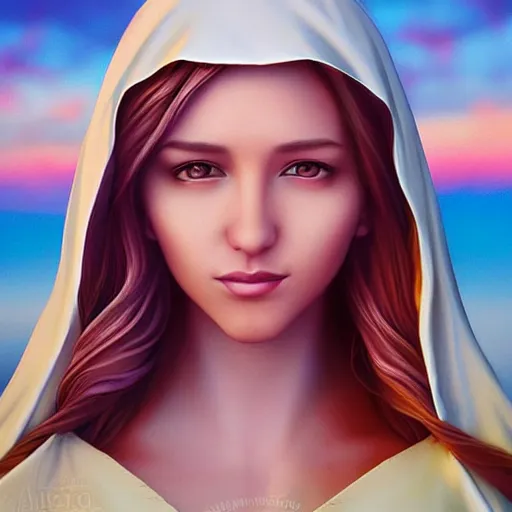 Image similar to a realistic digital photo of virgin mary as sunset cloud by artgerm