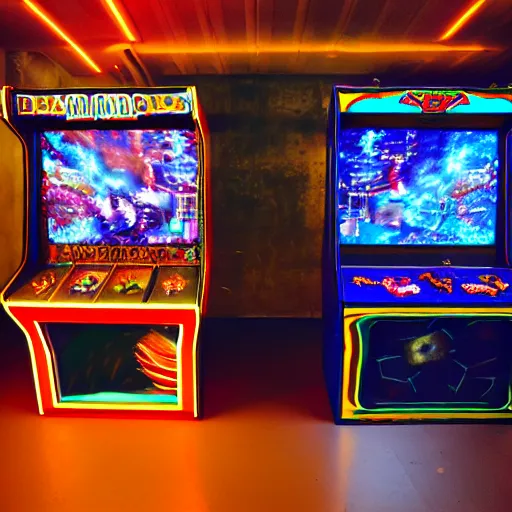 Image similar to beautiful fuzzy photograph of an empty liminal videogame arcade