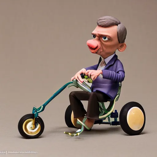 Image similar to product photography of a claymation action figure steve buscemi riding a children's tricycle, depth of field, zeiss lens, detailed, centered, by nicoletta ceccoli, mark ryden, erwin olaf, earl nore, frank frazetta, breathtaking, 8 k resolution, extremely detailed, beautiful, establishing shot, hyperrealistic