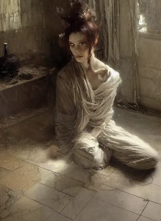 Prompt: a beautiful woman sitting in the floor, inside a modern apartment, intricate oil painting, hyperdetailed, ominous, ethereal, dramatic lighting, by jeremy mann and ruan jia and lawrence alma - tadema