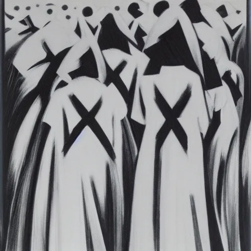 Image similar to nuns in a landscape, by giacomo balla