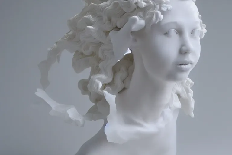 Image similar to full head and shoulders, beautiful female white, porcelain sculpture by daniel arsham and james jean, on a white background, delicate facial features, white eyes, white lashes, lots of 3 d perspex spheres attached to head with gold liquid flowing
