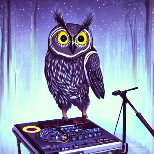 Prompt: an owl dj in human clothes making techno music, artistic, cartoon, oil painting, futuristic, humanoid, dramatic, very detailed, trending on artstation, surreal