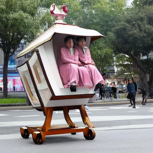 Prompt: a self - walking sedan chair with human legs