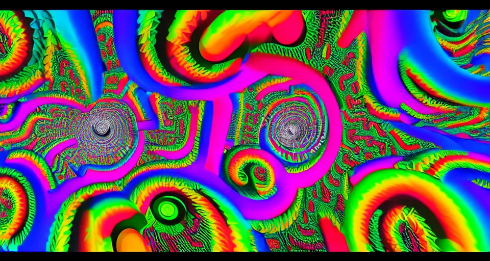 Image similar to interior tunnel swirling vortex of colourful psychedelic 3 d embossed mecha emoji shapes in a hal tenney 3 d fractal landscape, clockwork toys, seamless texture, toy mayan faces, landscape, maximalist, circuit vector shapes