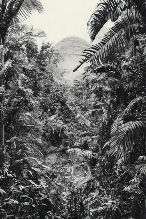 Image similar to year 1 9 0 0, photography, black and white, alien buildings, jungle