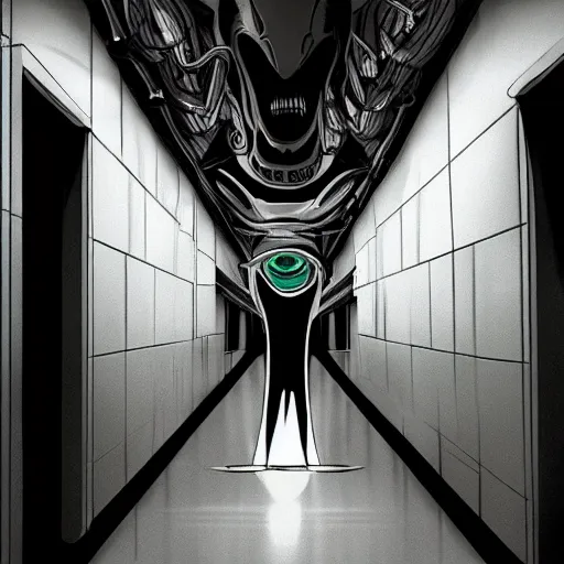 Image similar to Xenomorph with giant creepy eyes, futuristic hallway, dark, eerie