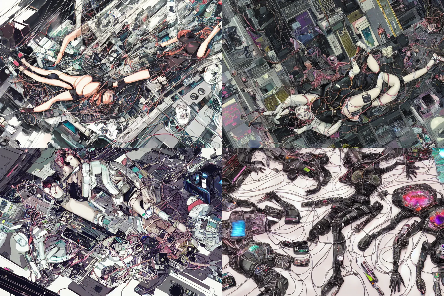 Prompt: a cyberpunk illustration of a group of female androids in style of masamune shirow, lying on an abstract, empty, white floor with their body parts scattered around and cables and wires coming out, by katsuhiro otomo, hyper-detailed, intricate, colorful, view from above, wide angle, close up, beautiful