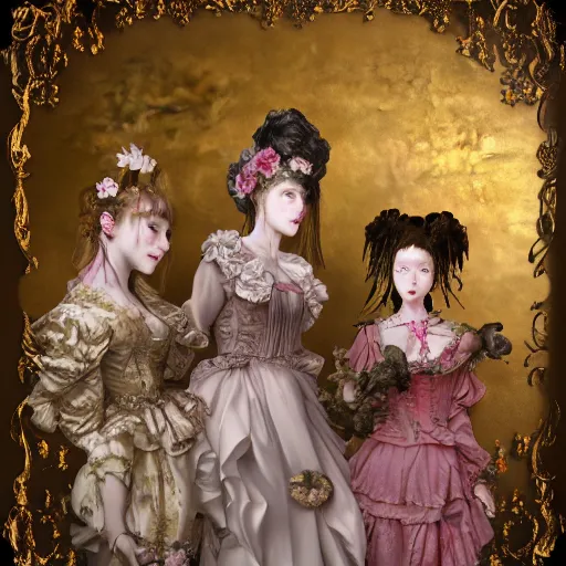 Image similar to 8k, octane render, fine detail, realism, tonalism, renaissance, rococo, baroque, group of creepy young ladies wearing long harajuku manga dress with flowers and skulls, background chaotic gold leaf flowers