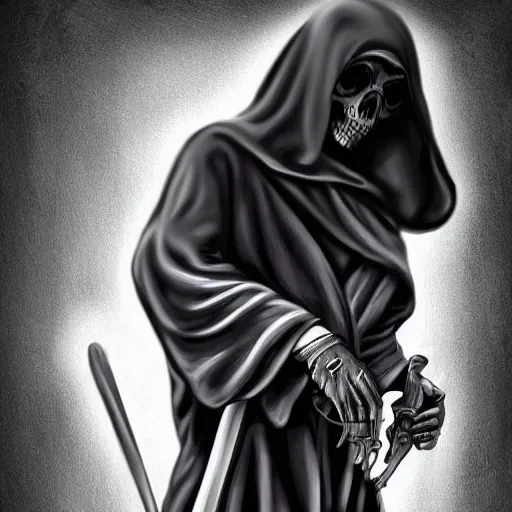 Prompt: Grim reaper playing card, digital art, cinematic, hyper realism, high detail,