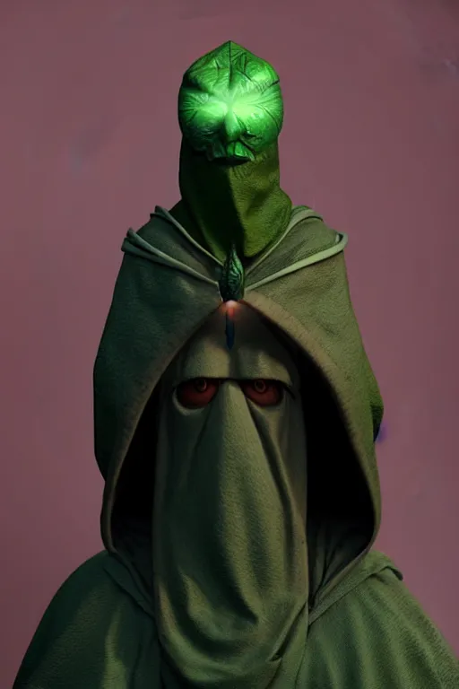 Image similar to A cute shaman with no nose, glowing eyes and a very long hooded dark green cloak of leaves by Julien Kaspar, 3D render, stylized, Cycles Render