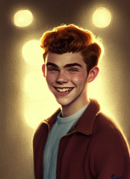 Image similar to portrait of teenage archie andrews, freckles, curly middle part haircut, curly hair, smiling kindly, friendly, 1 9 5 0 s, intricate, elegant, glowing lights, highly detailed, digital painting, artstation, concept art, smooth, sharp focus, illustration, art by wlop, mars ravelo and greg rutkowski