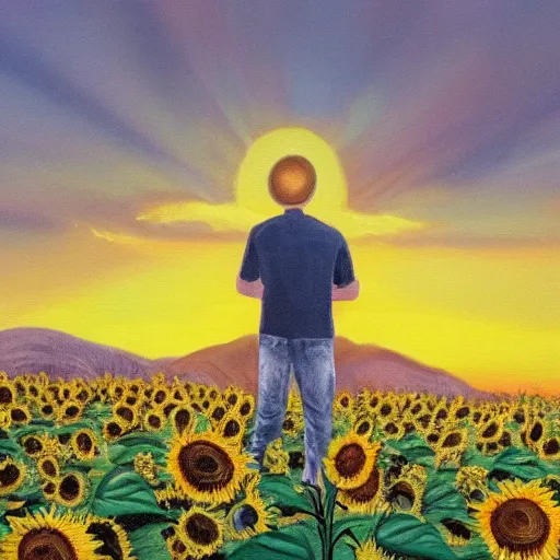 Prompt: painting of a man looking out into a sunset behind hills, bees around him, clouds everywhere in a sunflower field