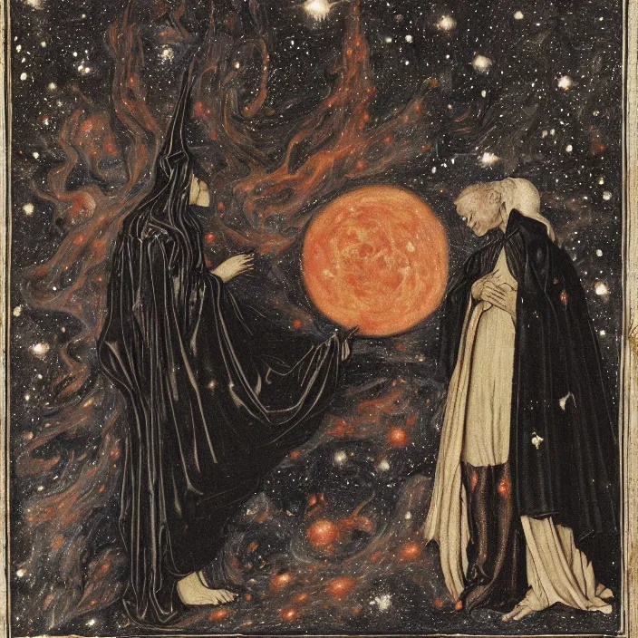 Prompt: a goblin monster and a woman in a black cloak, in a nebula, by Rogier van der Weyden