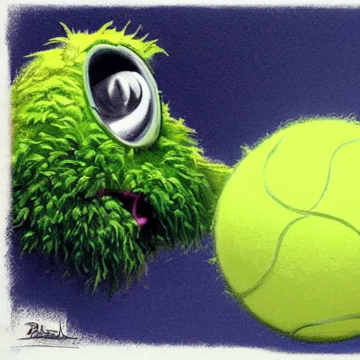 Image similar to a tennis ball monster, tennis ball, dark, chalky, nautical, digital art, fantasy, magic, trending on artstation, ultra detailed, professional illustration by Basil Gogos