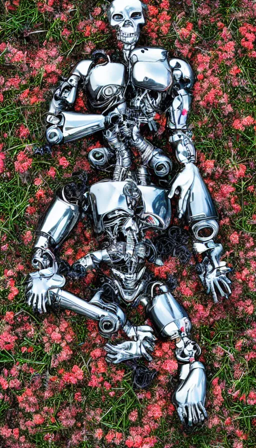 Image similar to destroyed terminator lying in a field of flowers, twisted metal, chrome, reflections, anthropomorphic, photorealism, smoke, metal, 8 k, surreal, wires, smooth, sharp focus, top view, extremely detailed, hyperrealism, elegant, establishing shot, by jeff koons, artgerm and greg rutkowski