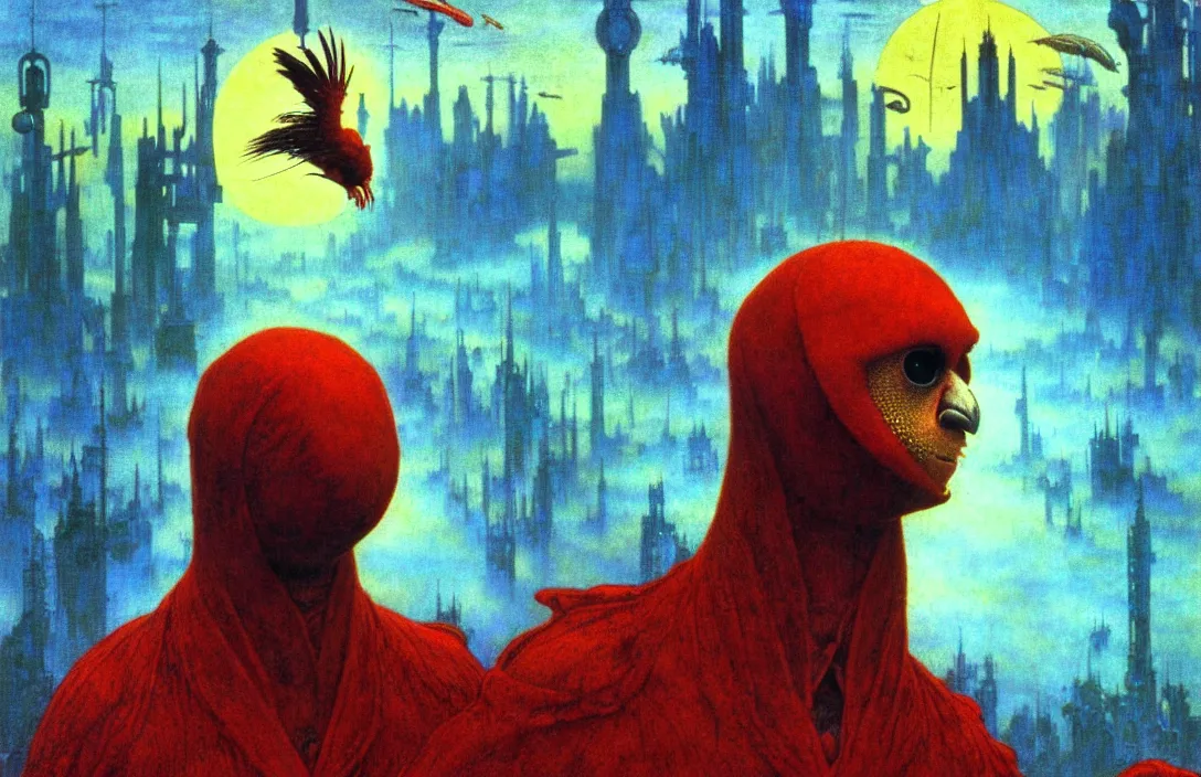 Image similar to realistic detailed portrait movie shot of a birdman wearing a dark robes, sci fi city landscape background by denis villeneuve, amano, yves tanguy, alphonse mucha, ernst haeckel, max ernst, roger dean, masterpiece, rich moody colours, dog teeth, blue eyes, sunset