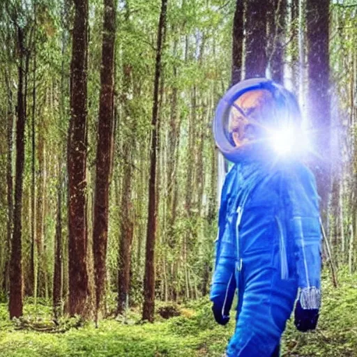 Image similar to spacesuit thom yorke singer songwriter walking in a forest, spacesuit filling up with water, waterline refractions, anamorphic lens flare, beautiful blueish eyes, eyes reflecting into eyes reflecting into infinity, spherical tiny round eye pupils, eyes reflecting into eyes reflecting into infinity, dramatic lighting