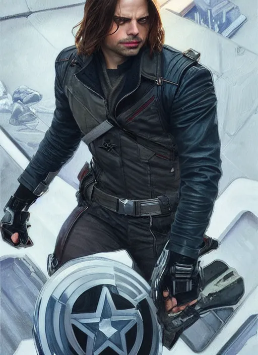 Prompt: sebastian stan as the winter soldier, painting by artgerm and greg rutkowski and alphonse mucha