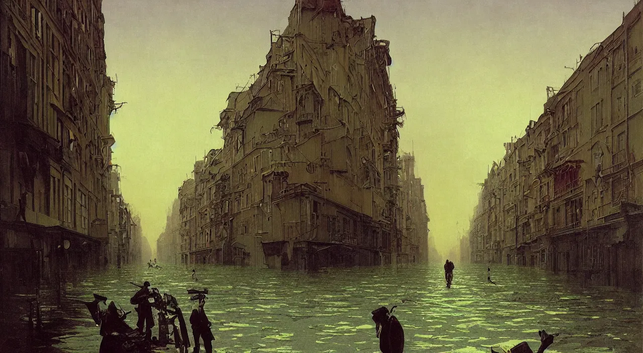 Prompt: very coherent and colorful high contrast!! painting of a flooded empty! street by bruce pennington carl spitzweg rene magritte, full - length view, hard black shadows, vivid colors, symmetry, great composition, high detail, cinematic lighting, masterpiece