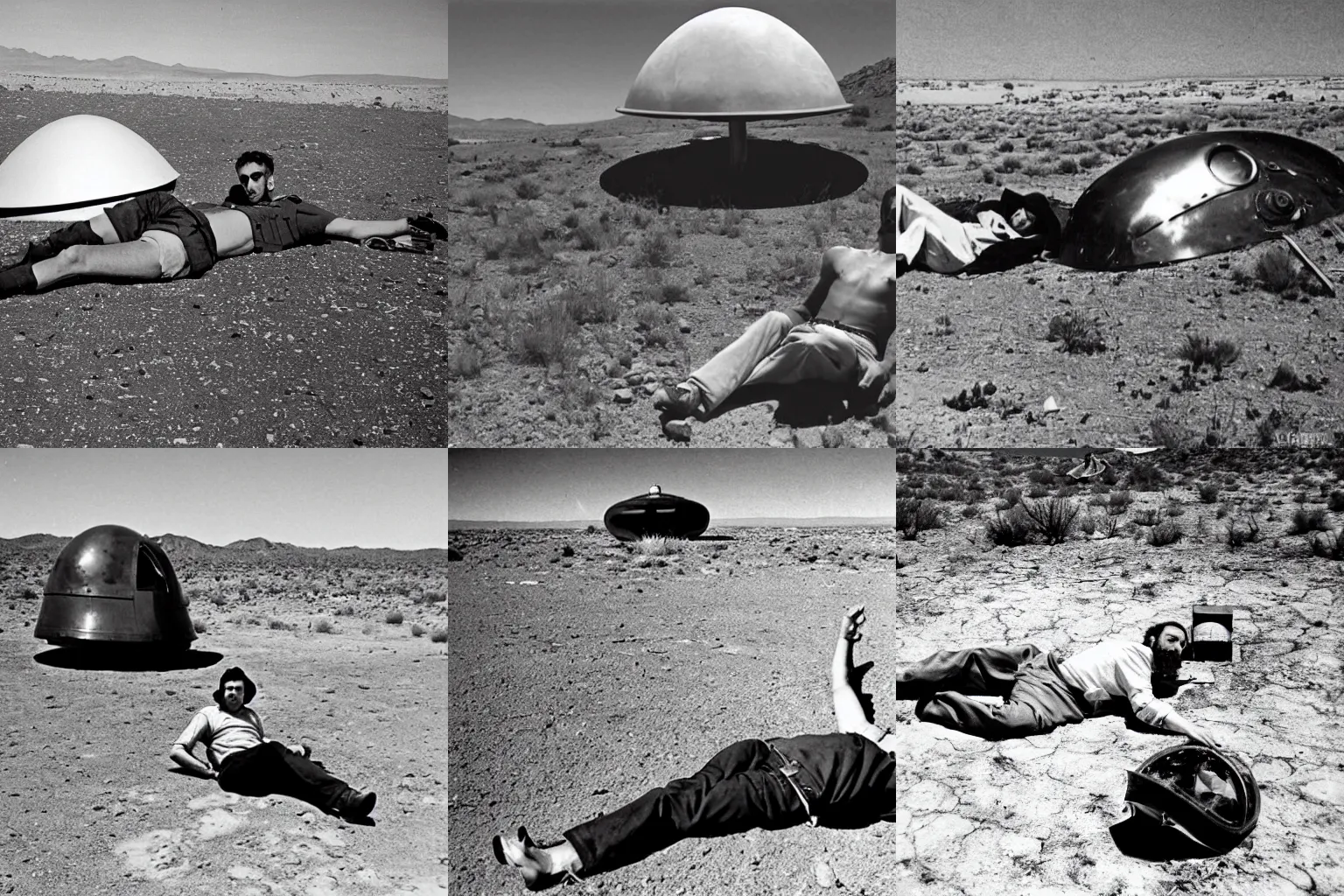 Prompt: Asmongold laying sprawled out on the ground next to a crashed UFO in a New Mexico desert. 1940s photograph.