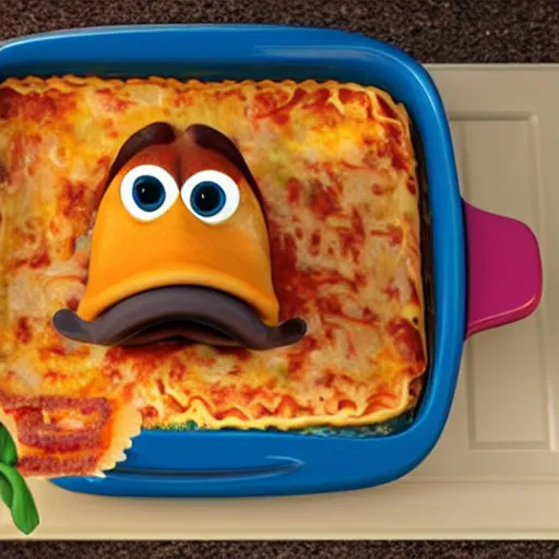 Image similar to pixar 3 d style cute platypus on a kitchen wearing a chef hat and holding a lasagna into an oven, with three basil leaves over the lasagna, pixar style, 3 d, ratatouille style