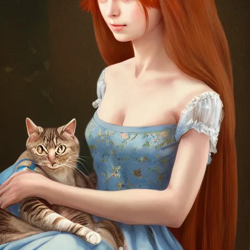 Prompt: portrait of a russian princess in her castle holding a cat in her hand, in the style of ilya kuvshinov and miho hirano, artstation, high quality art, super detail