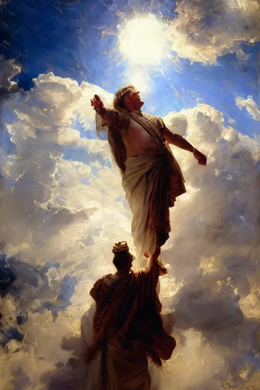 Image similar to beautiful detailed expressive impressionistic oil painting portrait of ancient roman god emperor steve buscemi ascending into the clouds wearing the civic crown, renaissance painting, art by anders zorn, wonderful masterpiece by greg rutkowski, expressive brush strokes, beautiful cinematic light, american romanticism by greg manchess, jessica rossier