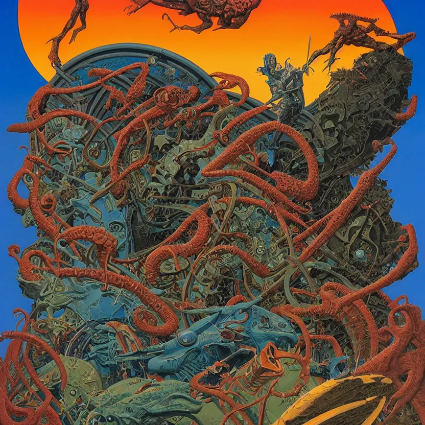 Prompt: abiogenesis, cover artwork by howard finster and Earl Norem and Jenny seville and frank stella, midnight hour, part by GREG HILDEBRANDT part by jeffrey smith, part by josan gonzales, part by Thomas Blackshear, part by phil hale, part by kim dorland, artstation, highly detailed