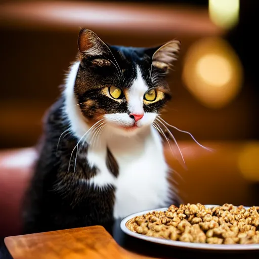 Image similar to A photo of a cat wearing a suit sitting in a fancy and expensive gourmet restaurant and eating a plate of cat food. f/2.8, dim lighting, award winning photo