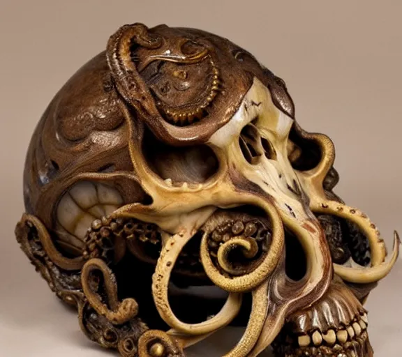 Image similar to an intricately detailed carving in an alien - octopus skull, rococo ornate bone and ivory sculpted skull with teeth and tentacles, horror, artifact, micro detailed, inscribed with occult symbols, otherworldly