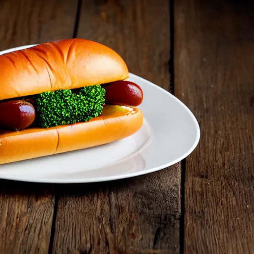 Image similar to photo shoot portrait of a delicious hot dog, broccoli and apple on top, mustard,