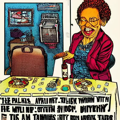 Image similar to The Artwork of R. Crumb and his Cheap Suit Aunt Jamima tells you to eat pancakes and syrup, pencil and colored marker artwork, trailer-trash lifestyle