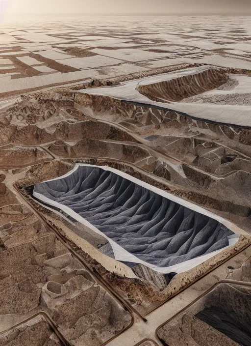 Prompt: perspective bioremediation white architecture, in the mining tailings of chuquicamata, epic, cinematic, hyperealistic, high detailed, corona render, hdr, ray tracing