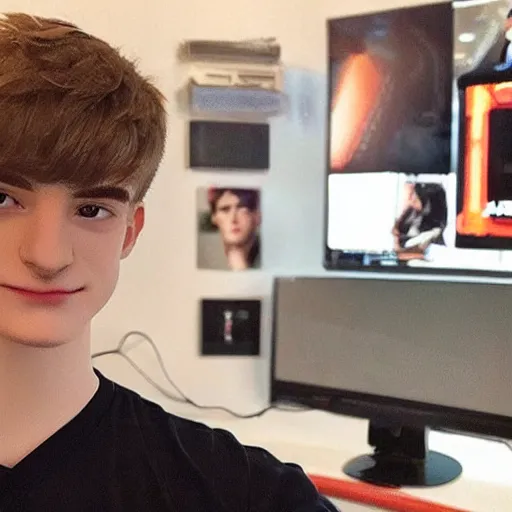 Image similar to “a realistic detailed photo of a guy who is an attractive humanoid who is half robot and half humanoid, who is a male android, twitch streamer Ninja Tyler Blevins, shiny skin, posing like a statue, blank stare, gaming room, eyes glitching”