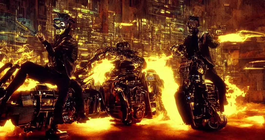 Prompt: movie still from the ghost rider cyberpunk movie directed by the Wachowskis, cinematic lighting, hyper realism, filmic, dark saturated colors, vapor wave, terrifying masterpiece, maximalist, full body portrait, black background, horror, by Giger, by Alexander McQueen