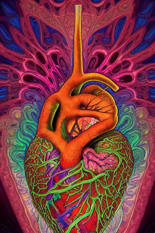 Image similar to An extremely psychedelic abstract illustration of an anatomical human heart, colorful, surreal, dramatic lighting, magic mushrooms, psilocybin, LSD, detailed, intricate, elegant, highly detailed, digital painting, artstation, concept art, smooth, sharp focus, illustration, art by Krenz Cushart and Artem Demura and alphonse mucha, unreal engine 5 render, 8k