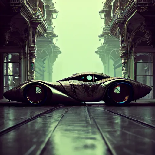 Prompt: cyborg vintage supercar slick : by michal karcz, daniel merriam, victo ngai and guillermo del toro : ornate, dynamic, particulate, intricate, elegant, highly detailed, centered, artstation, smooth, sharp focus, octane render