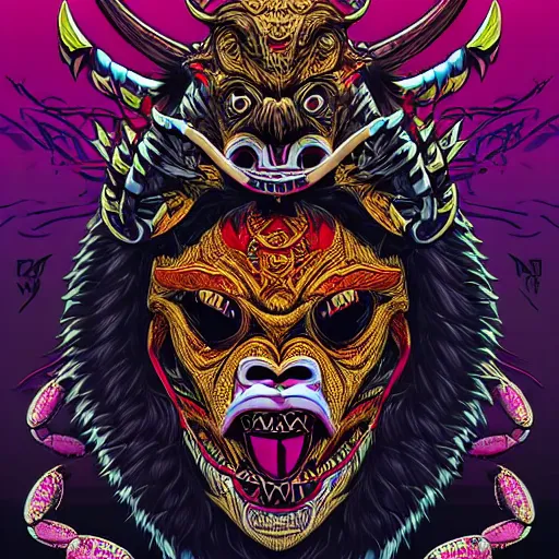 Image similar to barong family member, wiwek, bleeding fangs, crab claws, small horns, viking beard, mara demon, lizard tongue, one single tribe member, jungle, one single mask, dark neon sign lights, 8 0 s, ancient warrior, gorilla, tribals, art by dan mumford and justin gerard