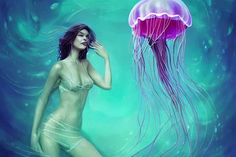 Image similar to jellyfish and sea creatures swimming around beautiful woman body, elegant, highly detailed, smooth, sharp focus, trippy, dmt, psychedelic, illustration, beautiful, geometric, trending on artstation, cinematic, artwork by WLOP