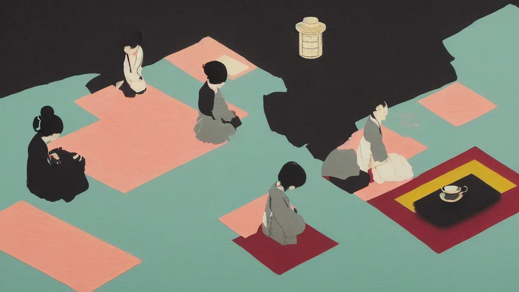 Prompt: a tea ceremony, japan, a collage painting, in the style of wes anderson, lola dupre, david hockney, isolated on negative white space background dark monochrome neon spraypaint accents volumetric octane render