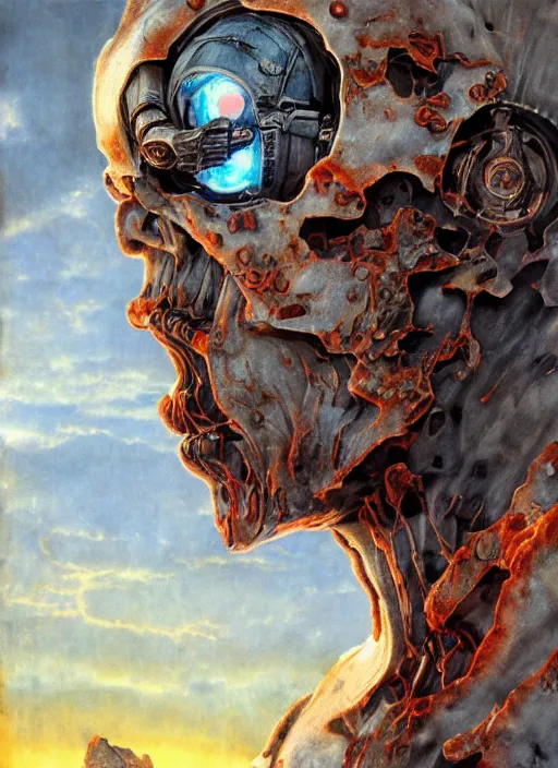 Image similar to portrait of a diabolical marble stone cyborg, wearing burning torn white cape, dynamic pose, glowing eyes, post apocalyptic ancient ruins, glowing veins subsurface scattering, in clouds, sunset, portrait, by gerald brom, by mikhail vrubel, by peter elson, muted colors, extreme detail, reflections, trending on artstation, 8 k